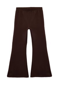 Bruna utsvängda byxor med elastisk midja, tillverkade av mjukt stretchmaterial. Har en enkel, ren design och raka benslut.