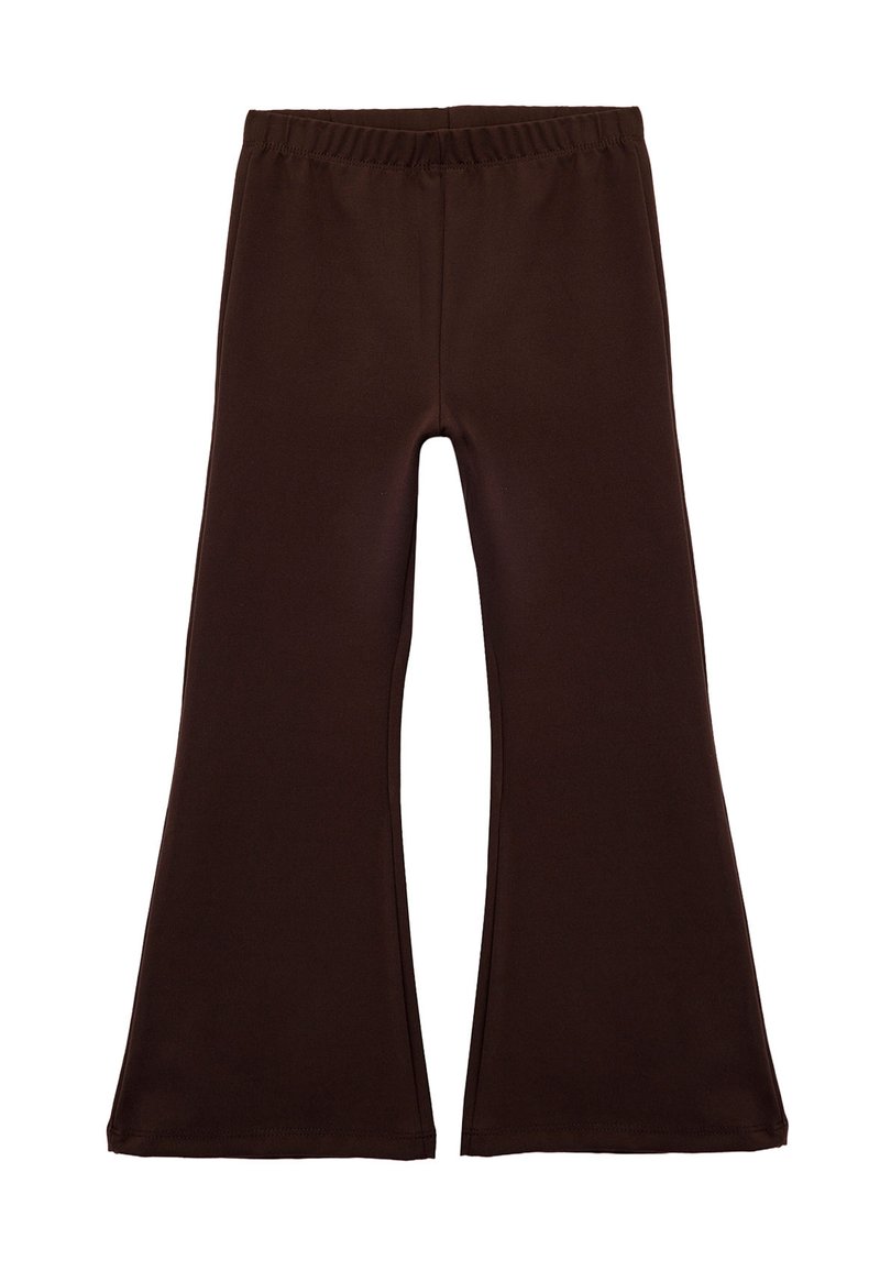 Bruna utsvängda byxor med elastisk midja, tillverkade av mjukt stretchmaterial. Har en enkel, ren design och raka benslut.