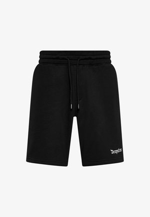 Mustat puuvillashortsit, joissa on elastinen vyötärö, nyöri ja valkoinen "Dropsize"-logo vasemmassa alakulmassa. Sujuva pinta, polvimitassa.