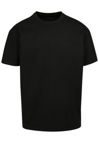 Schwarzes Kurzarm-T-Shirt aus Baumwolle. Verfügt über einen runden Halsausschnitt und einen lockeren Schnitt. Glatte Textur und keine sichtbaren Muster oder Akzente.