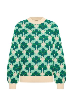 Pull en tricot avec un motif de feuilles de différentes teintes de vert sur fond clair. Poignets et col côtelés en crème.