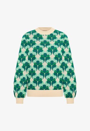 Pull en tricot avec un motif de feuilles de différentes teintes de vert sur fond clair. Poignets et col côtelés en crème.