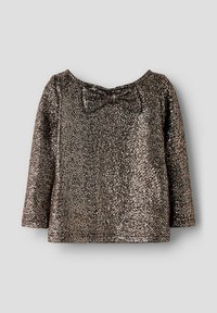 Langærmet top i guld og bronze paletter, med rund hals og en sløjfe detalje ved halsen. Glat tekstur med glitrende finish.