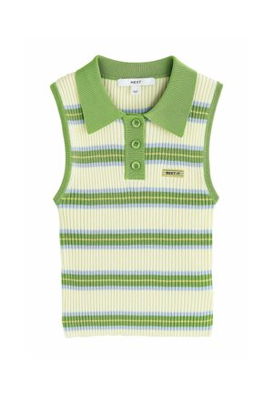 Ujjatlan bordázott kötött galléros póló zöld gallérral, három gombbal, valamint zöld, krém és világoskék tónusú vízszintes csíkokkal.