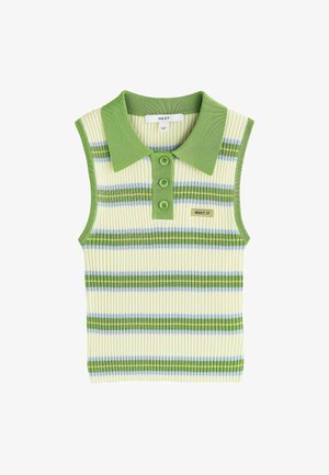 Bezrukávové polo s rebrovaným úpletom, zeleným golierom, tromi gombíkmi a horizontálnymi pruhmi v zelených, krémových a svetlomodrých odtieňoch.