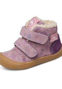 Lila Wildleder-Ankle-Boot mit Blumenmuster, Fleece-Futter, zwei Klettverschlüssen und Gummisohle. Naturtex-Branding an der Seite.