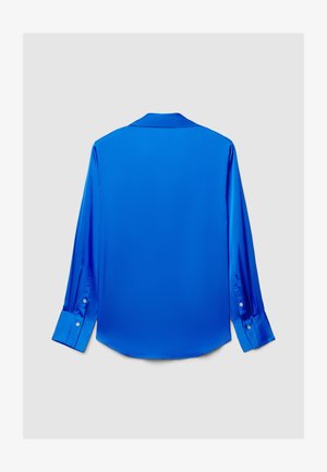 Blaues Satin-Langarmhemd mit Kragen, Manschettenknöpfen und glatter Textur. Mit abgerundetem Saum und elegantem, minimalistischem Design.