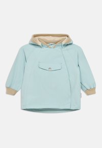 Φωτεινό γαλάζιο μπουφάν με μπεζ, ριμπ πάπλωμα και μανσέτες. Διαθέτει μπροστινή τσέπη με κουμπί κατάλληλο για ασφαλή κλείσιμο. Λείο ύφασμα με σχεδιασμό χαλαρής εφαρμογής.