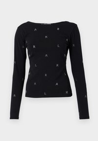 Schwarzes Langarmshirt aus weichem Material mit einem Rundhalsausschnitt und verstreuten Strassbuchstaben "A", "K" und "L".