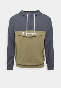 Lettert hættetrøje med tofarvet design i mørkegrå og olivengrøn, med justerbare snore og en frontlomme.