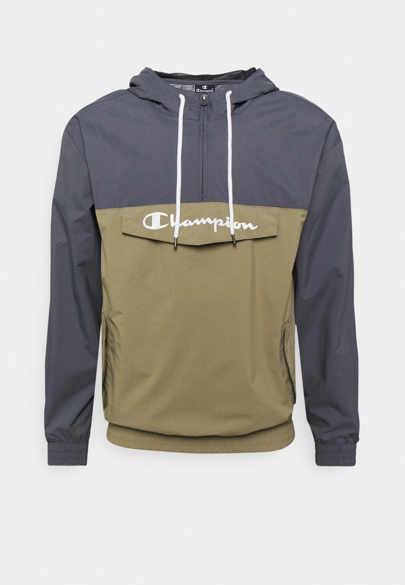 Lettert hættetrøje med tofarvet design i mørkegrå og olivengrøn, med justerbare snore og en frontlomme.