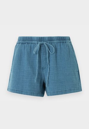 Pantaloni scurți din țesătură texturată albastră, cu talie elastică și șnur în față, expuși pe un fundal alb.