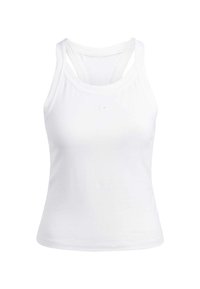 Débardeur de sport blanc avec un dos nageur, fabriqué en tissu lisse. Présente un petit logo à l'avant et une silhouette ajustée.