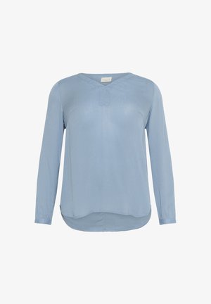Lichtblauwe blouse met lange mouwen, gemaakt van zachte, gestructureerde stof. Heeft een V-hals en een afgeronde onderkant met zijsplitten. Eenvoudig ontwerp.