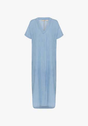 Gaiši zils džinsa kleita, līdz ceļgaliem, ar V veida kakla izgriezumu, īsām piedurknēm, sānu šķirbēm un vieglām uzšuvēm. Gluda tekstūra un brīvs griezums.