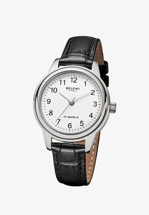 Montre-bracelet classique avec cadran blanc, chiffres noirs, boîtier argenté, bracelet en cuir noir, affichant 10:09:35, étiquetée "Regent" et "17 Jewels".