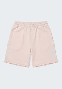 Shorts rose clair à taille élastique avec poches latérales et broderie florale blanche subtile près de l'ourlet sur les deux jambes.