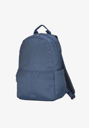 Zaino blu con scomparti principali e frontali con cerniera, tasca laterale, schienale imbottito e manico sulla parte superiore.