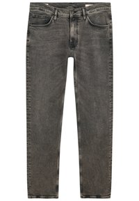 Szare dżinsy o slim fit, pięciopuszowe, z delikatnym przetarciem i kontrastowym przeszyciem wzdłuż szwów.