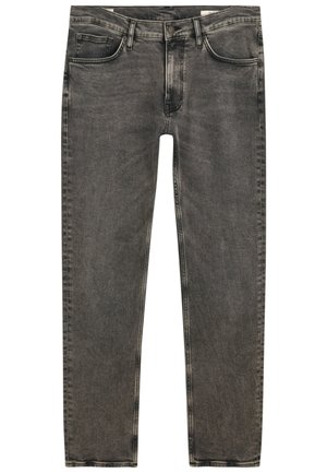 Vaqueros de denim gris con un ajuste ceñido, diseño de cinco bolsillos, leve desgaste y costuras en contraste a lo largo de las costuras.