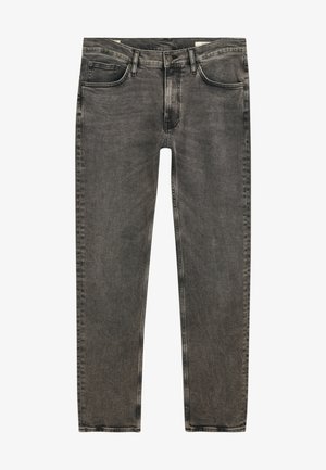 Harmaat farkut, joissa on slim fit -leikkaus, viisi taskua, kevyet kulumat sekä kontrastivärisiä ompeleita saumoissa.