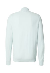 Pull bleu clair avec un motif tricoté texturé, doté d'un col et de poignets côtelés. Le dos est uni sans aucune marque visible.