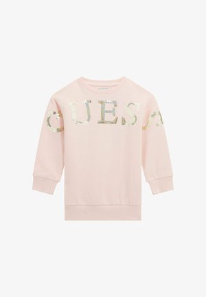 Roze sweatshirt met glinsterende lettering die "GUESS" spelt. De stof is zacht, met ribbelmanchetten en -zoom voor een comfortabele pasvorm.