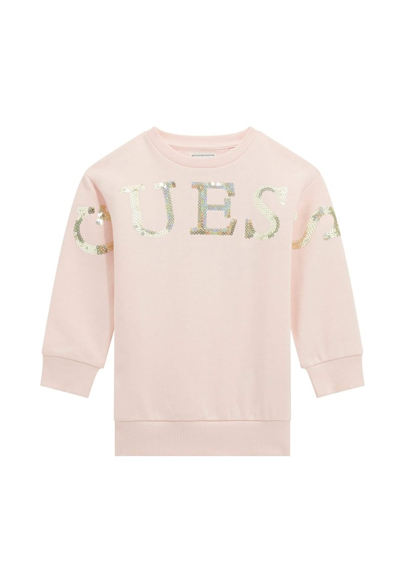 Sweatshirt rosa con lettering in paillettes che dice "GUESS". Il tessuto è morbido, con polsini e orlo a costine per una vestibilità aderente.