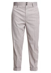 Lichtgrijze, gestructureerde stoffen broek met een tapse pasvorm, twee voorzakken en een knoopsluiting aan de voorkant. Omborduurde zoomdetails.