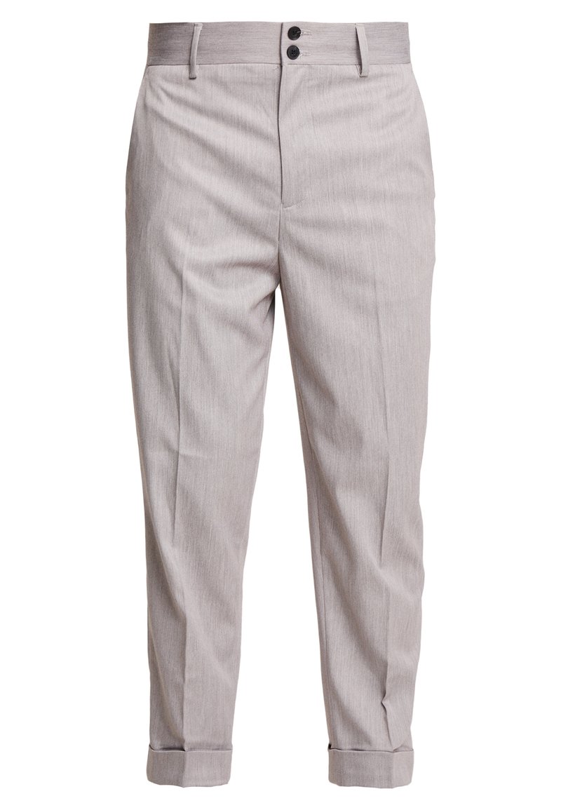 Lichtgrijze, gestructureerde stoffen broek met een tapse pasvorm, twee voorzakken en een knoopsluiting aan de voorkant. Omborduurde zoomdetails.