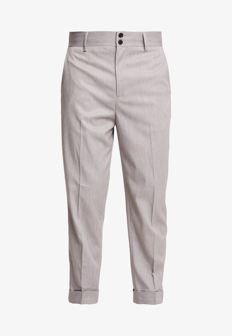 Lichtgrijze, gestructureerde stoffen broek met een tapse pasvorm, twee voorzakken en een knoopsluiting aan de voorkant. Omborduurde zoomdetails.
