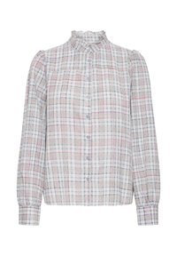 Overhemd met knopen en een geplooide kraag, blauw, roze en groene ruitenpatroon, lange opgeblazen mouwen, gemaakt van lichtgewicht stof.