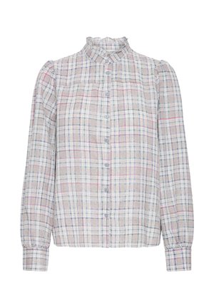 Gombos ing fodros gallérral, kék, rózsaszín és zöld kockás mintával, hosszú, pöndörödő ujjakkal, könnyű anyagból.