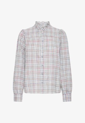 Button-up shirt with a ruffled collar, blue, pink, and green check pattern, long puffed sleeves, made of lightweight fabric.