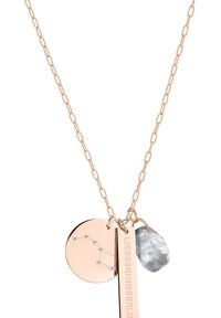 Roze gouden kettingketting met drie hangertjes: een ronde hanger met sterrenbeeldontwerp, een rechthoekig naamplaatje met "LIEBESKIND," en een grijze edelsteen.