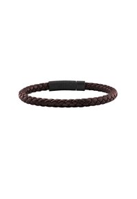 Pulsera trenzada de cuero marrón oscuro con un cierre magnético negro texturizado, exhibida sobre un fondo blanco.