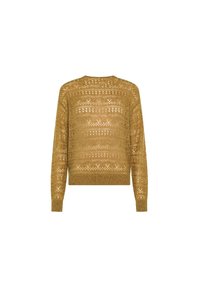 Maglione a maglia giallo senape con motivo a trafori, collo rotondo, maniche lunghe e orlo a costine. Finitura strutturata su tutta la superficie del tessuto.