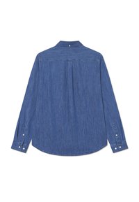 Denim ing, középkék, hosszú ujjak, gombos mandzsetták, klasszikus gallér, hátsó részen apró redőkkel, sima textúrájú, laza stílus.