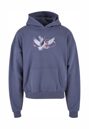 Hoodie bleu marine en tissu doux, avec une poche avant et un design graphique d'oiseaux et d'éléments floraux sur la poitrine.
