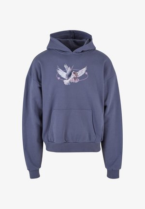 Hoodie bleu marine en tissu doux, avec une poche avant et un design graphique d'oiseaux et d'éléments floraux sur la poitrine.