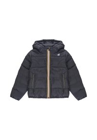 Giacca imbottita scura con cappuccio, dotata di una cerniera frontale gialla, blu e rossa. I pantaloni laterali e i polsini elasticizzati completano il design.