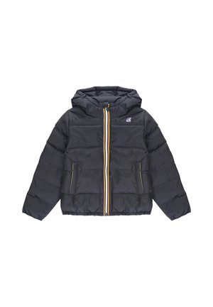 Giacca imbottita scura con cappuccio, dotata di una cerniera frontale gialla, blu e rossa. I pantaloni laterali e i polsini elasticizzati completano il design.