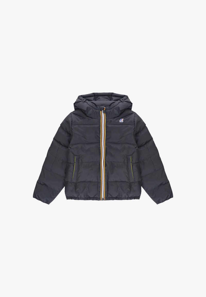 Giacca imbottita scura con cappuccio, dotata di una cerniera frontale gialla, blu e rossa. I pantaloni laterali e i polsini elasticizzati completano il design.