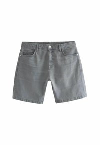 Shorts in denim grigio con design a cinque tasche, chiusura con bottone, taglio dritto e dettagli di cucitura a vista.