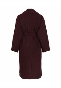 Burgundy wool coat with a belt, wide collar, elbow-length sleeves, and a straight cut; smooth texture and no visible patterns.