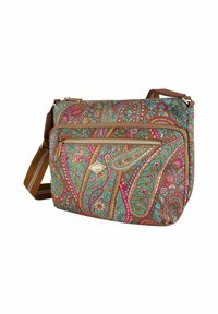 Borsa a spalla multicolore con motivo paisley in tonalità turchese, rosa e marrone, dotata di hardware dorato e una tasca frontale con zip.