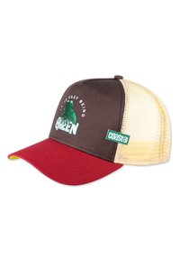 Baseballmütze mit einer braunen Baumwollfront, rohem Schild und gelbem Netzrücken. Mit einem grünen Frosch-Graphic und dem Text "Es ist leicht, grün zu sein".