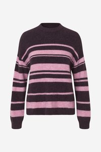 Tumši violets un rozā svītrains džemperis ar garām piedurknēm, apaļu izgriezumu, ribotu aproču apdari un pūkainu faktūru.