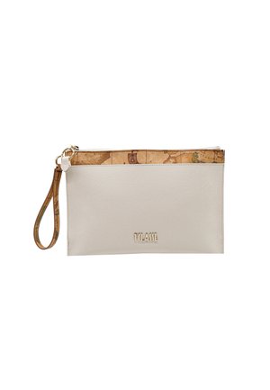 Piccola pochette beige con logo dorato "1CLASSE", chiusura a zip, cinturino da polso e rifinitura superiore con un motivo a mappa antica.