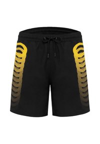 Pantaloni da nuoto neri con un motivo grafico giallo strutturato su un lato, dotati di una vita elastica con cordino.